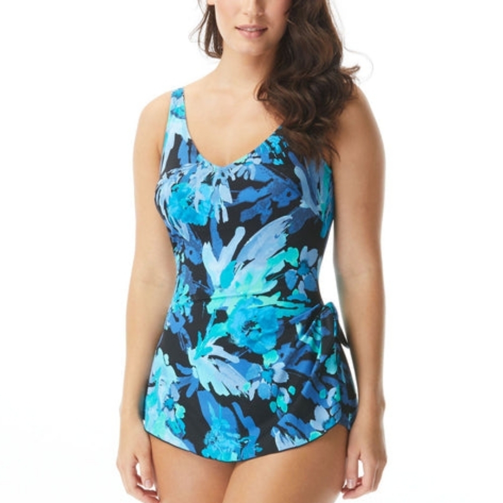 Roxanne Classics Blue Floral sarong Swimsuit one piece swimwear 14 tummy control